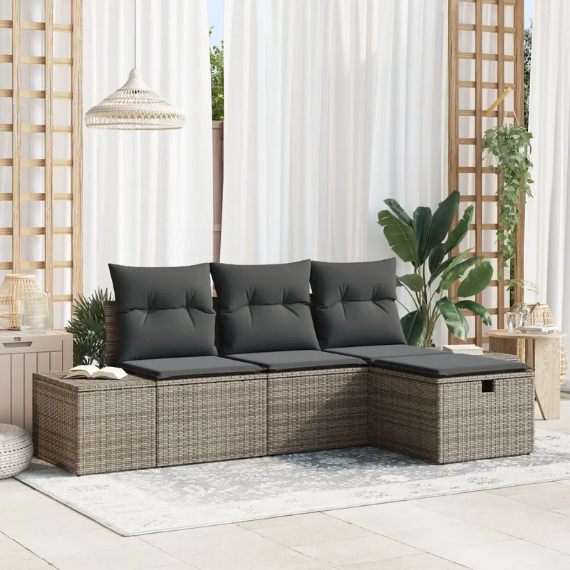 set canapea gradina cu perne gri ratan poliester