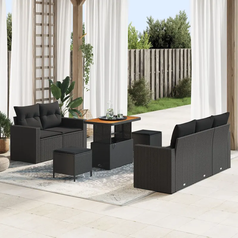 Set canapea gradina cu 8 piese si perne ratan poli negru acacia, set dining gradina cu 3 piese si perne ratan poli negru acacia