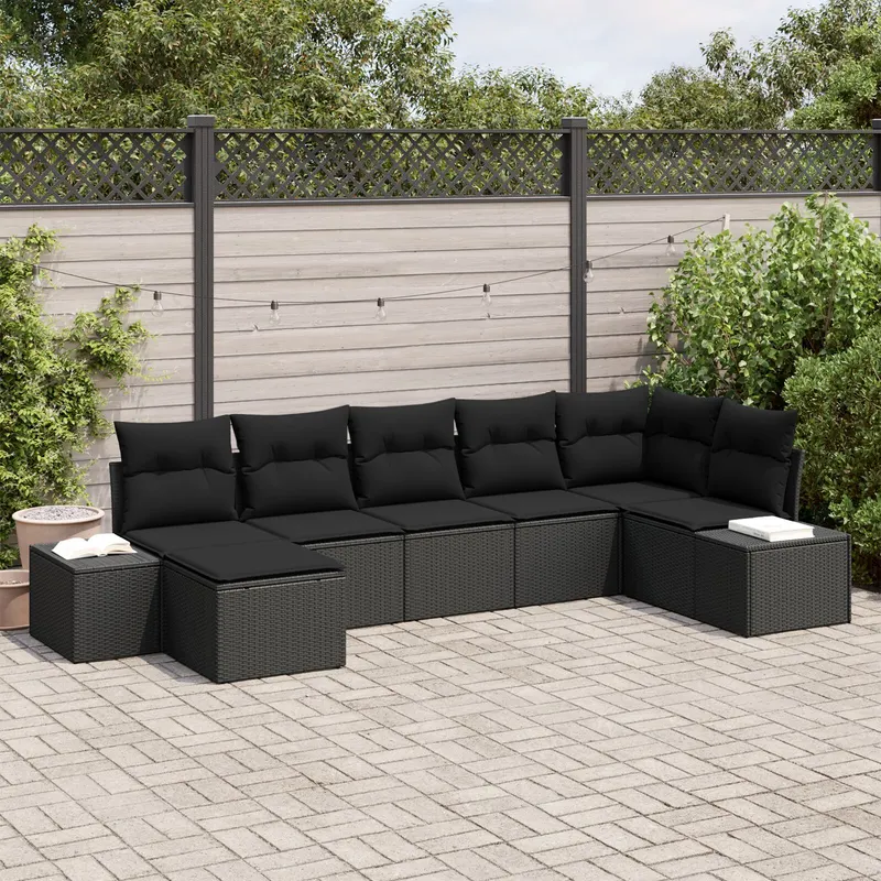 set de canapea de gradina 7 piese cu perne negru din poliratan