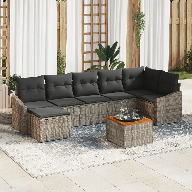 set canapea gradina 8 piese cu perne gri poliratan acacia