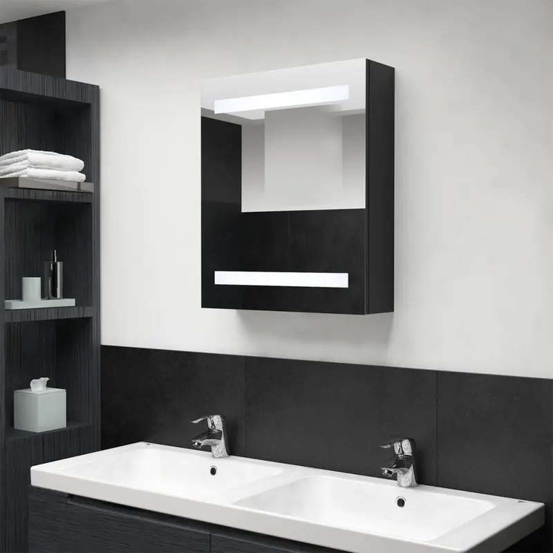 dulap de baie cu oglinda si led, negru, 50x14x60 cm