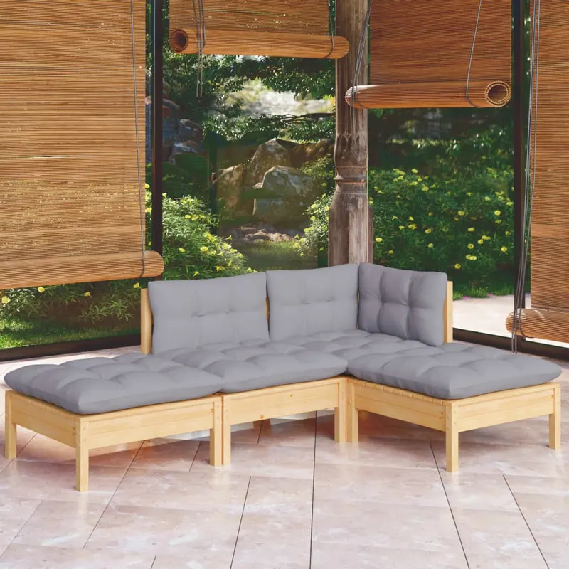 set mobilier gradina cu perne gri, 4 piese, lemn masiv de pin