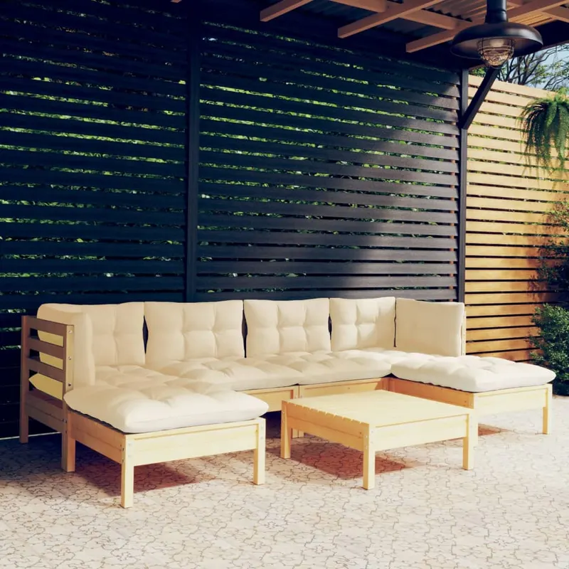 set mobilier gradina cu perne crem, 7 piese, lemn masiv pin