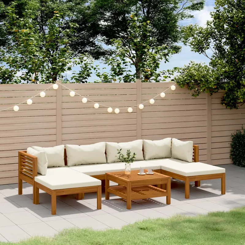 set mobilier gradina cu perne crem, 7 piese, lemn masiv acacia