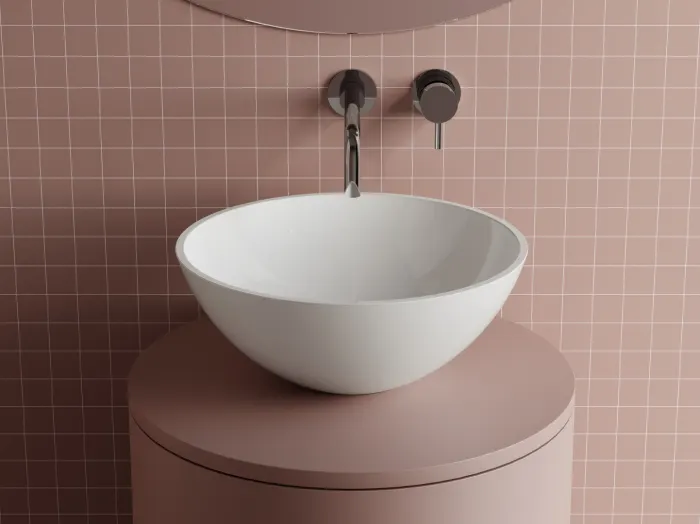 Lavoar rotund, 38x15 cm, pe blat, din compozit, alb lucios, Rico