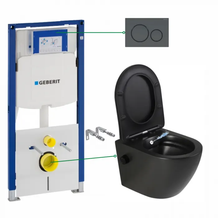 Set vas wc suspendat cu functie bideu si baterie inclusa Oslo, rezervor wc incastrat si clapeta negru mat, Geberit Sigma