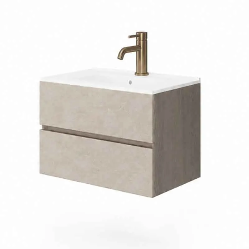 Mobilier lavoar suspendat Fluminia Genova 60, front rugos almond, laterale noce americano