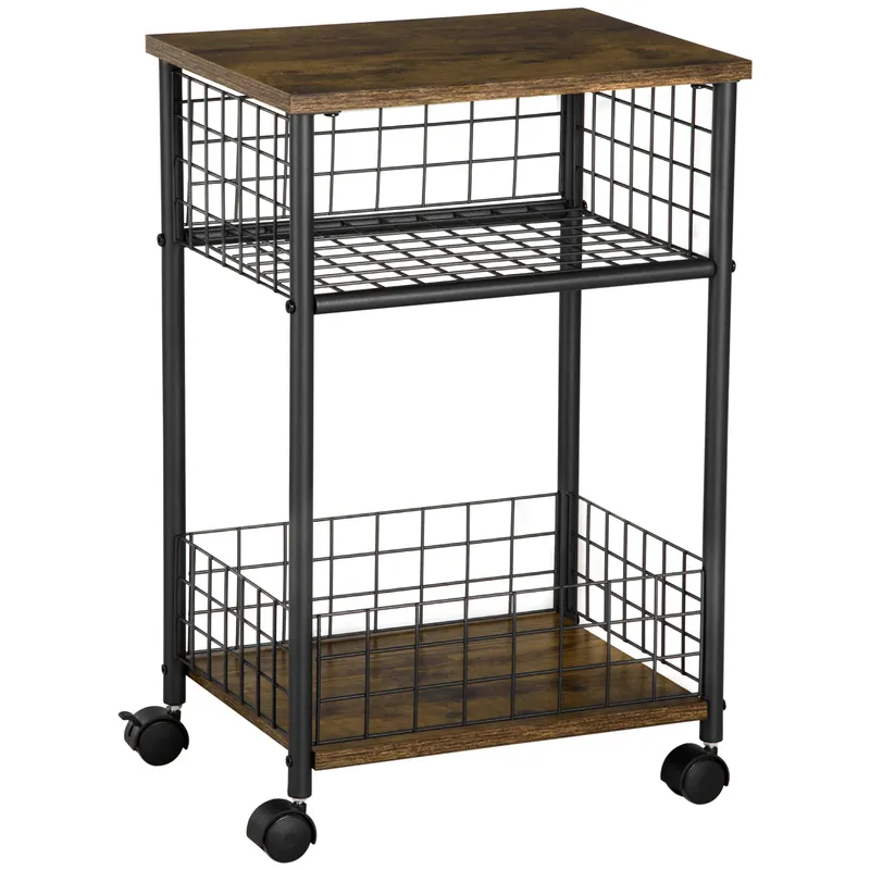 HOMCOM Cărucior cu role, cărucior de servire, 2 compartimente deschise, plan de lucru și role, 40 x 30 x 62 cm, marron