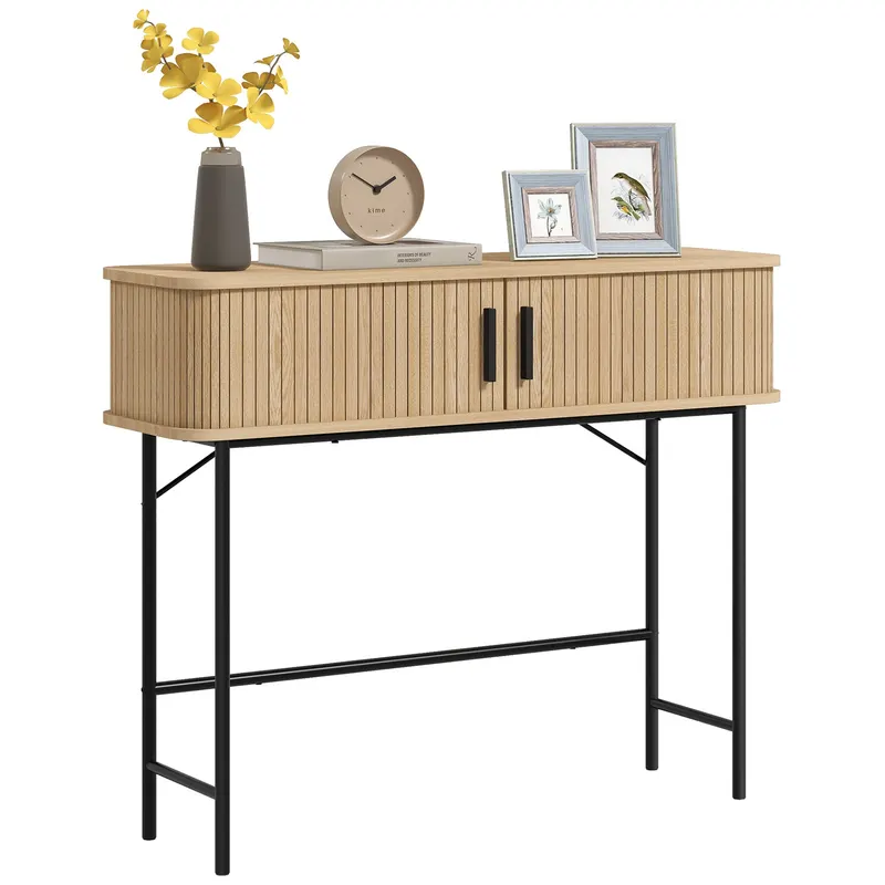 HOMCOM Consolă pentru Hol, cu Compartimente și Uși Glisante Tip Tambur, Picioare din Oțel, 100x30x80 cm, Stejar