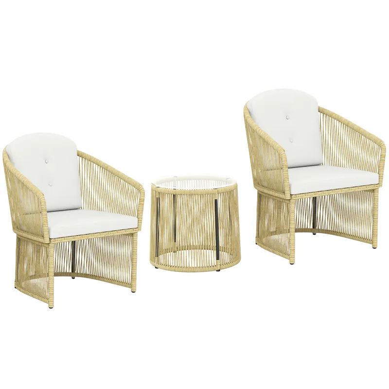 Outsunny Set de grădină exterior din rășină împletită pentru 2 persoane, masă de grădină exterioară cu 2 scaune cu perne, crem