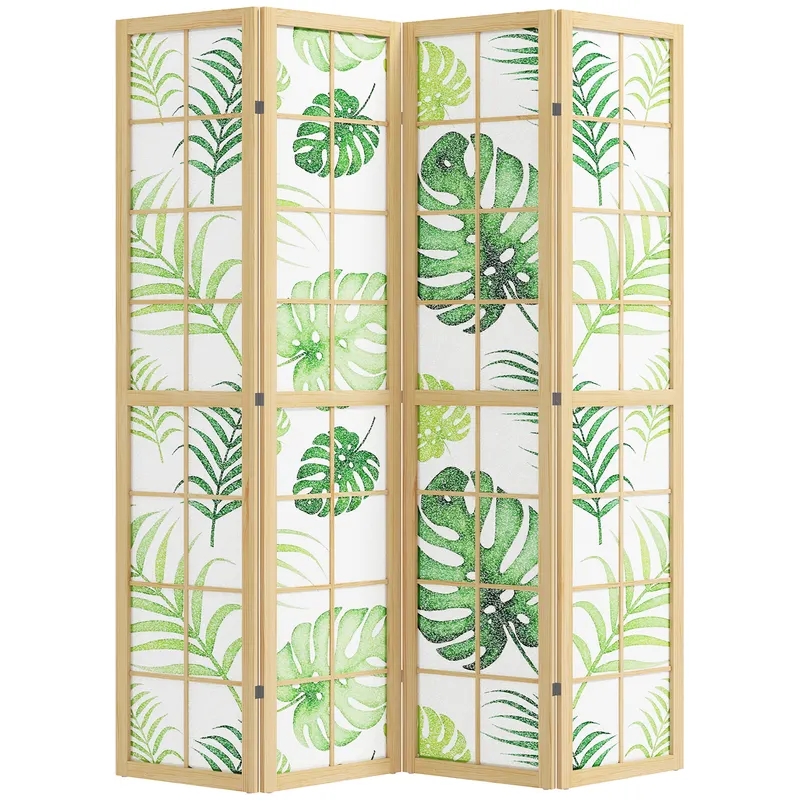 HOMCOM Separator de cameră 4 piese, pliabil, design boho, motiv tropical, separator independent, cadru din lemn, verde