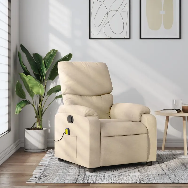 Fotoliu rabatabil de masaj, crem, material textil