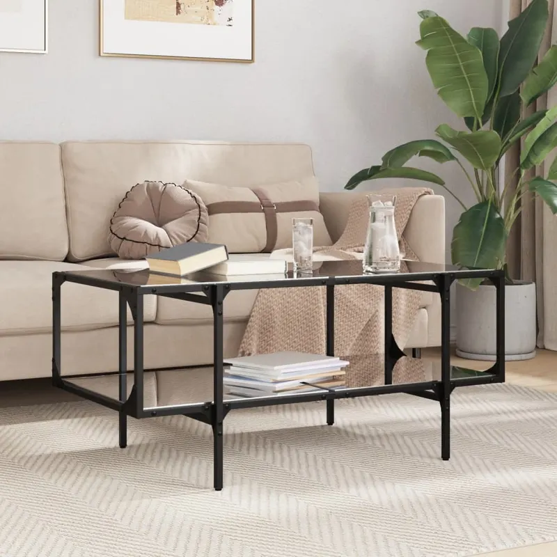 masuta de cafea cu blat din sticla neagra 98,5x50x45 cm otel