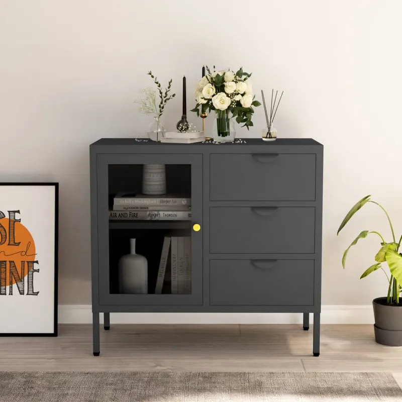 servanta, antracit, 75x35x70 cm, otel si sticla securizata