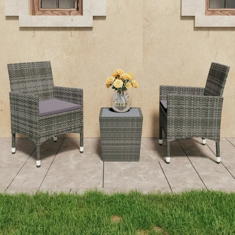 set mobilier bistro, 3 piese, gri, poliratan/sticla securizata
