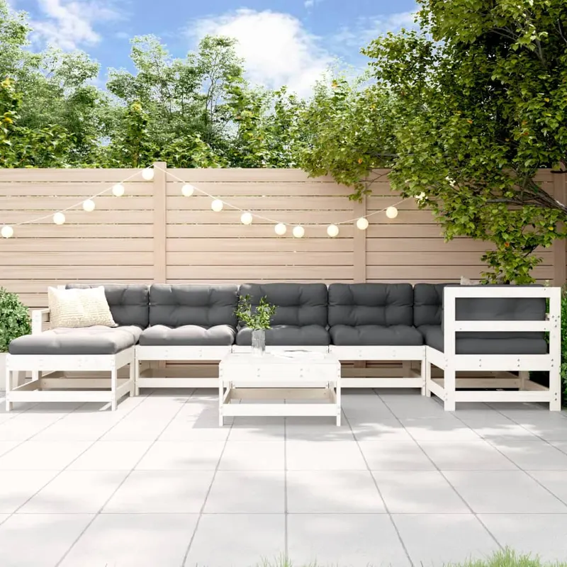 set mobilier de gradina cu perne, 8 piese, alb, lemn masiv