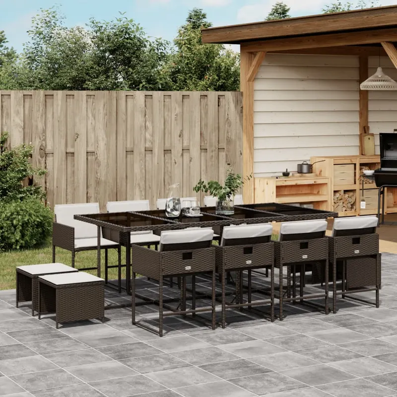 set mobilier de gradina, 13 piese, maro, cu perne, poliratan