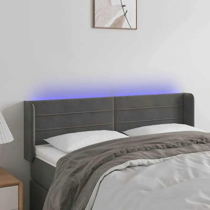 tablie de pat cu led, gri inchis, 147x16x78/88 cm, catifea