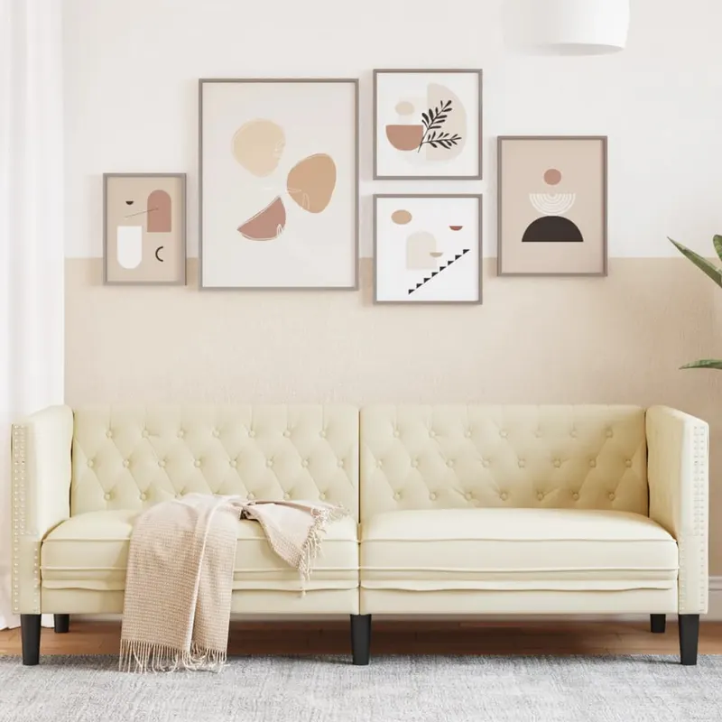 canapea chesterfield cu 3 locuri, crem, piele ecologica