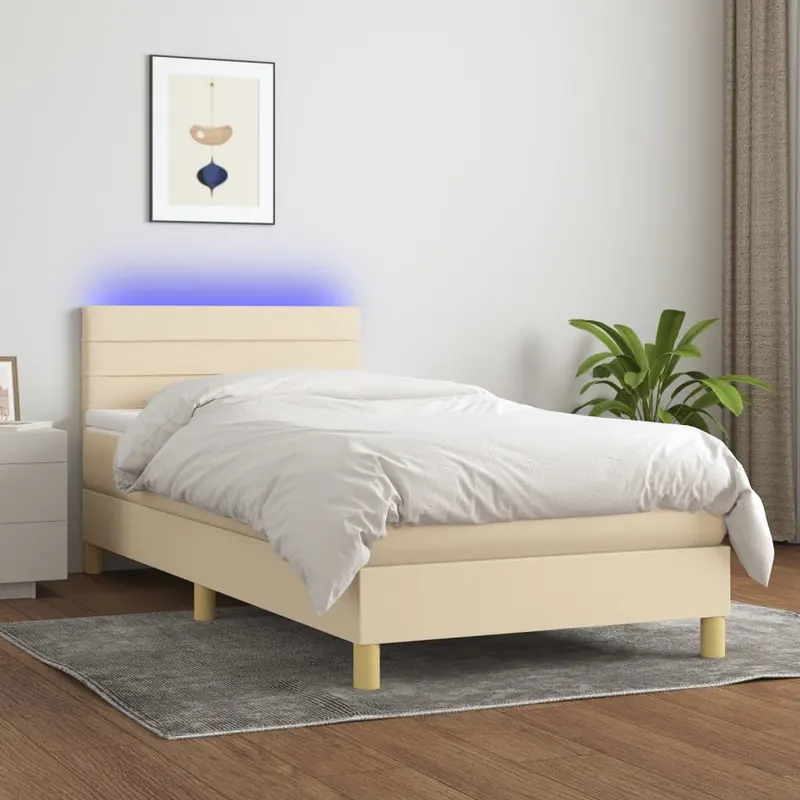 Pat cu arcuri, saltea si led, crem, 80x200 cm, textil