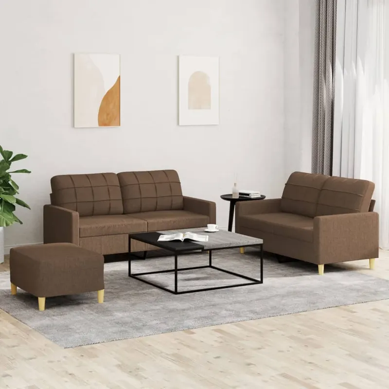 set de canapele cu perne, 3 piese, maro, textil