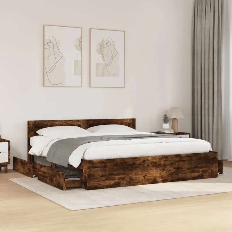 cadru de pat cu tablie stejar fumuriu 180x200 cm lemn prelucrat