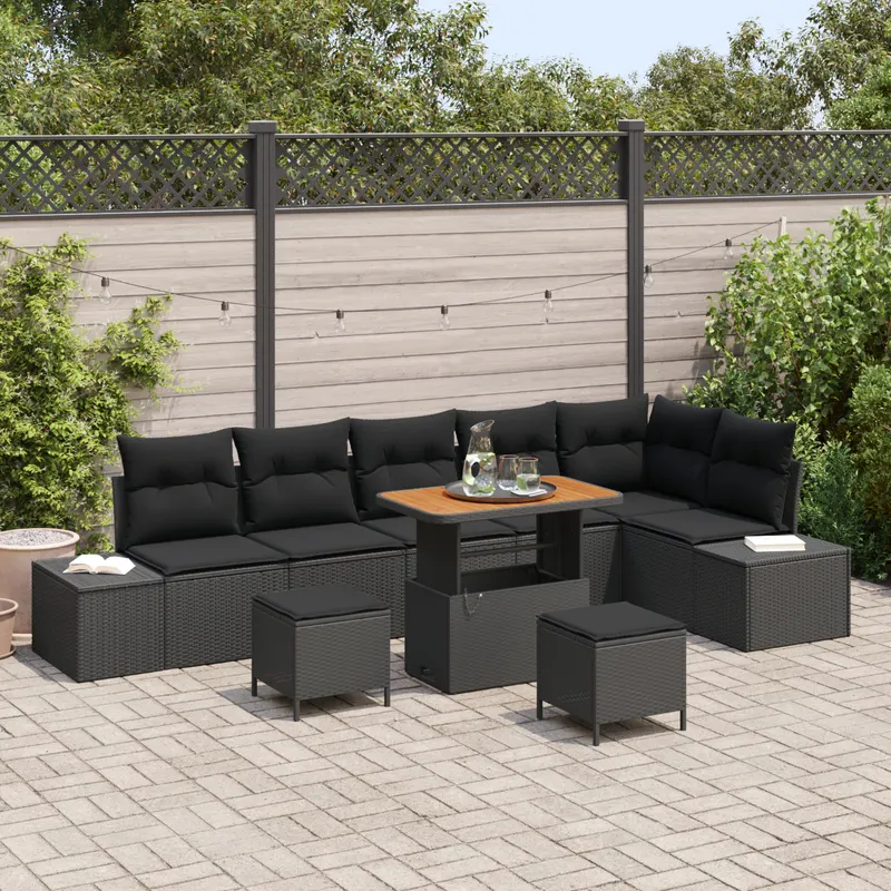 Set de canapea de gradina 9 piese cu perne negru poliratan acacia, canapea de gradina 2 locuri cu perne negru poliratan, set de dining grina 3 piese cu perne negru poliratan acacia