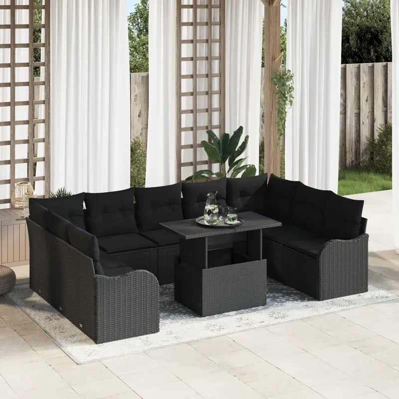 Set de canapele pentru gradina din 10 piese cu perne, negru, poliratan, canapea de gradina pentru 2 persoane cu perne, negru, poliratan