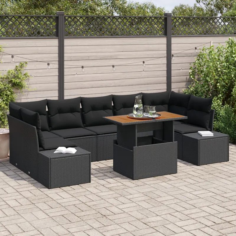 set de canapele de gradina cu 8 piese si perne, negru, poliratan