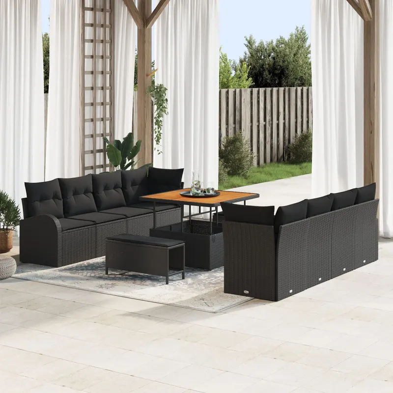 Set de canapea de gradina cu 11 piese cu perne negru din ratan poli acacia, canapea de gradina cu 2 locuri cu perne negru din ratan poli, set de dining de gradina cu 3 piese cu perne negru din ratan poli acacia