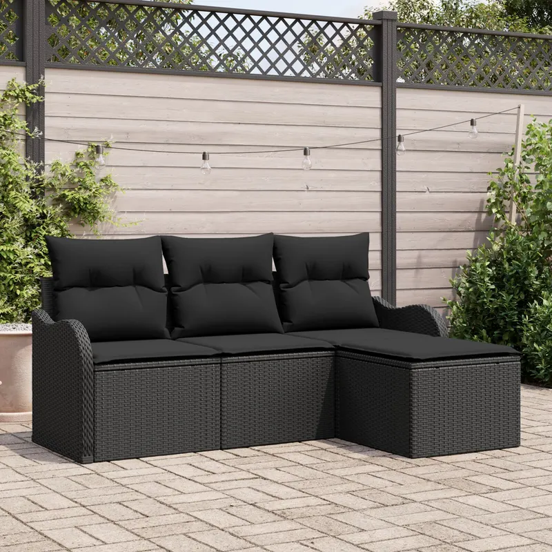 Set de canapea gradina 4 piese cu perne rattan polimer negru, canapea de gradina 2 locuri cu perne rattan polimer negru