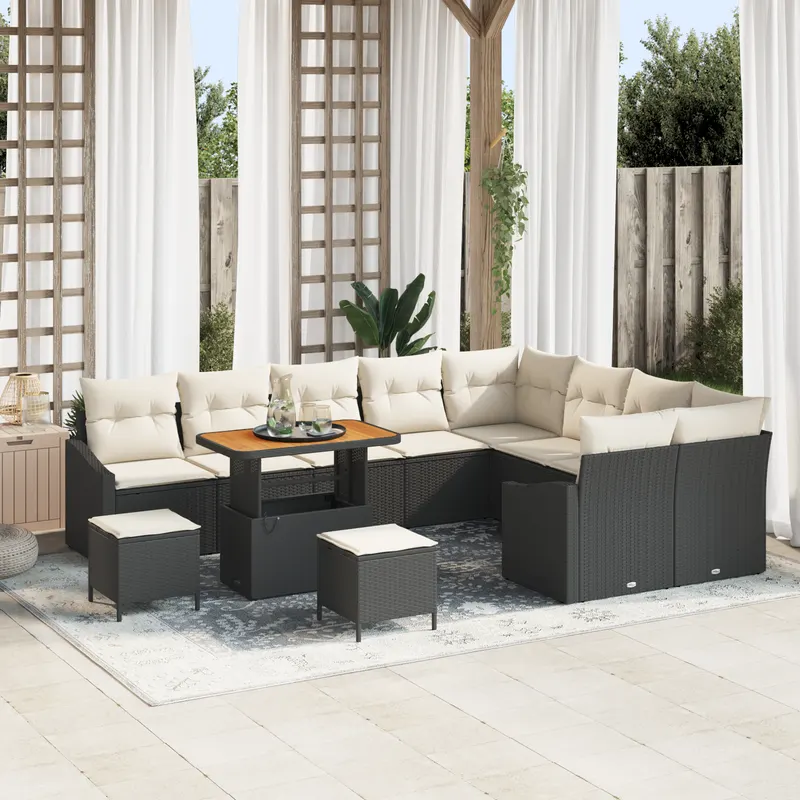 Set canapea gradina cu 12 piese si perne negru ratan polimeric acacia, set dining gradina cu 3 piese si perne negru ratan polimeric acacia, canapea gradina cu 2 locuri cu perne negru ratan polimeric