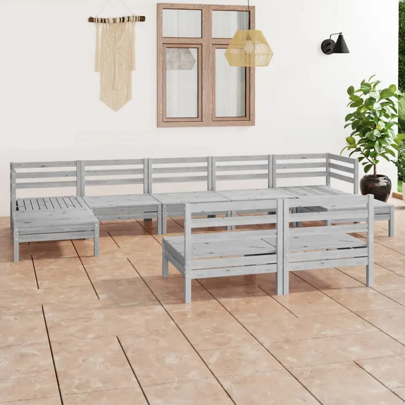 set mobilier de gradina, 9 piese, alb, lemn masiv de pin