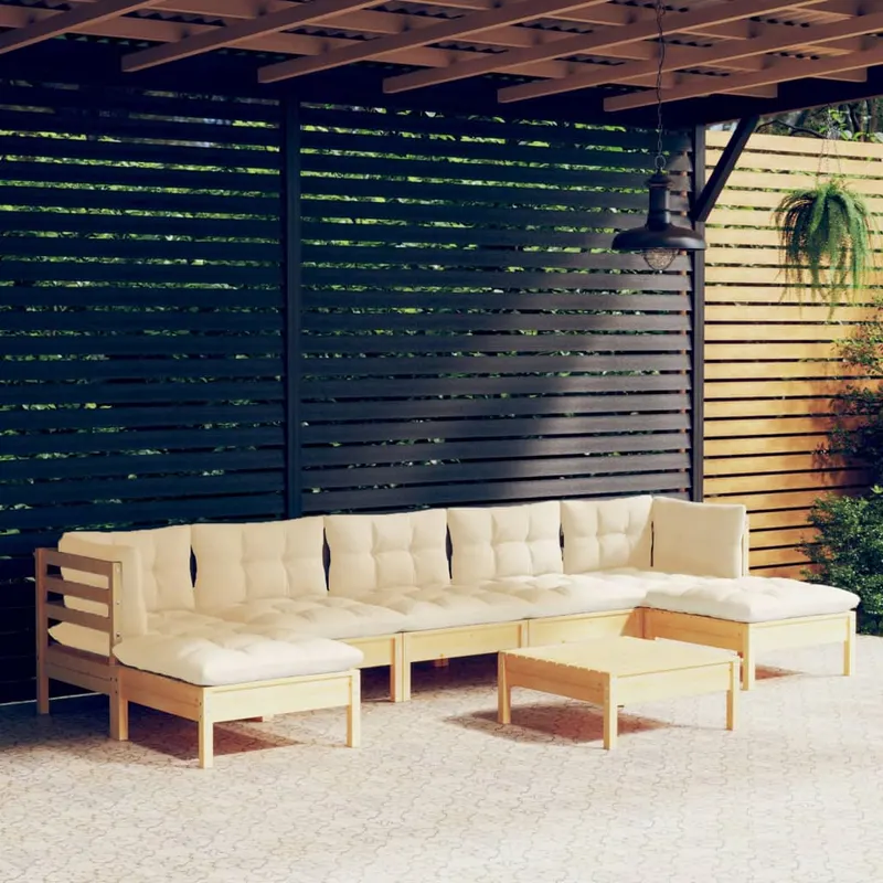 set mobilier de gradina cu perne, 8 piese, crem, lemn de pin
