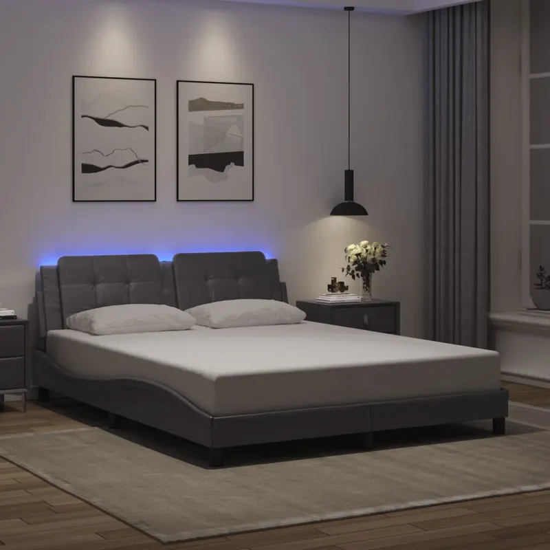 cadru de pat cu lumini led, gri, 160x200 cm, piele ecologica