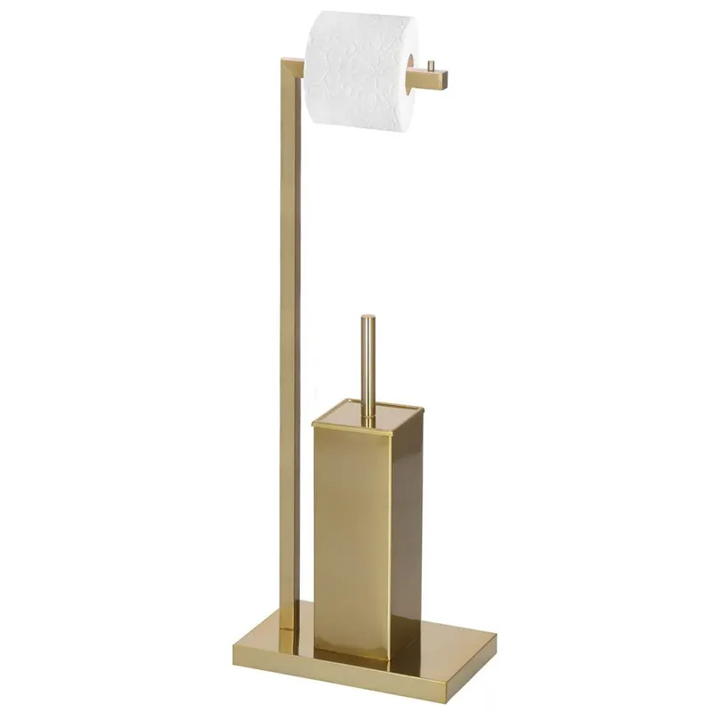 Stand cu perie WC si suport hartie igienica, metal si bambus, 67cm, auriu