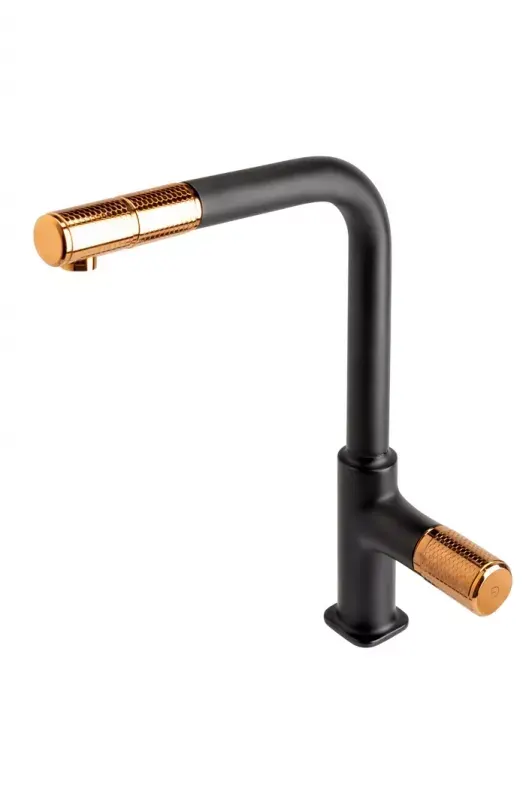 Baterie de bucatarie FDesign Ardesia FD1-ARD-8-25, 3 8 , pipa inalta, tip L, dus extractabil, pivotanta, mat, negru cupru
