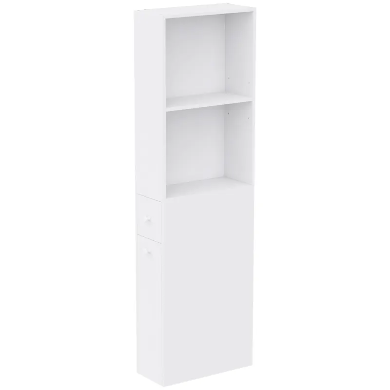 HOMCOM Dulap Baie Slim cu Organizator Glisant pe Roți, Sertar și Raft Reglabil, MDF, 18 x 40 x 135 Cm, Alb
