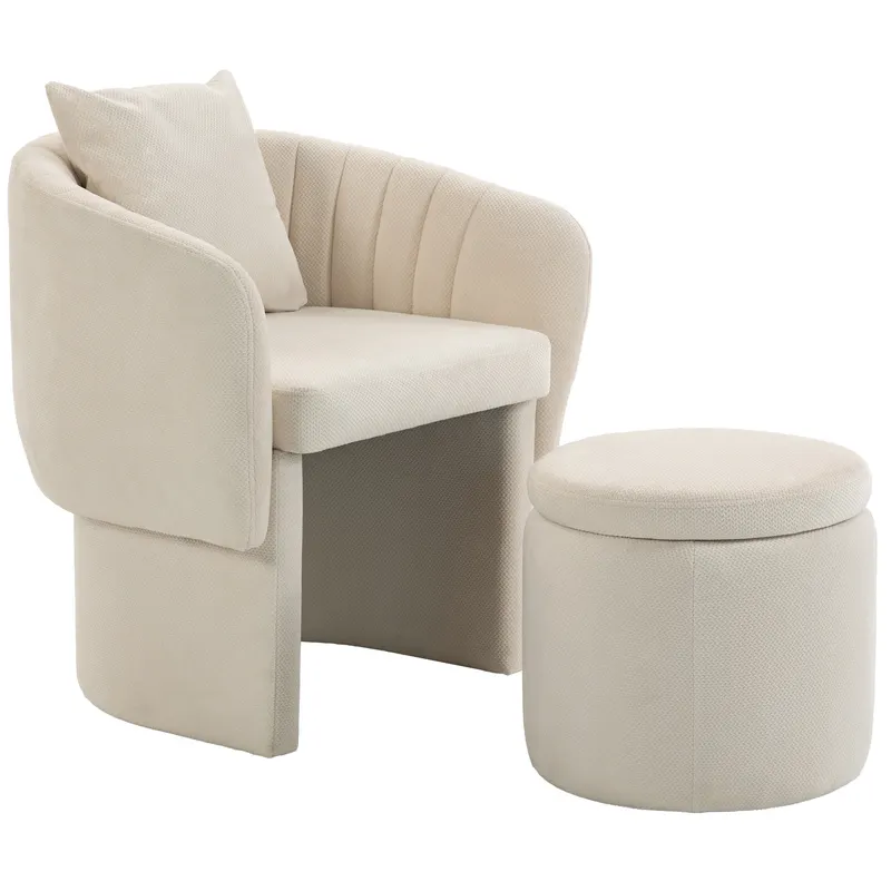 HOMCOM Fotoliu relax cu taburet, fotoliu lounge cu spătar curbat, cotiere, capitonat chenille nordic, bej