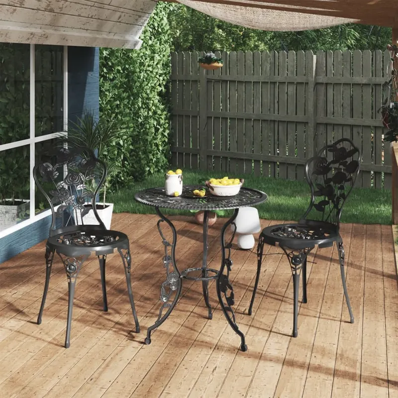 set mobilier bistro, 3 piese, negru, aluminiu turnat