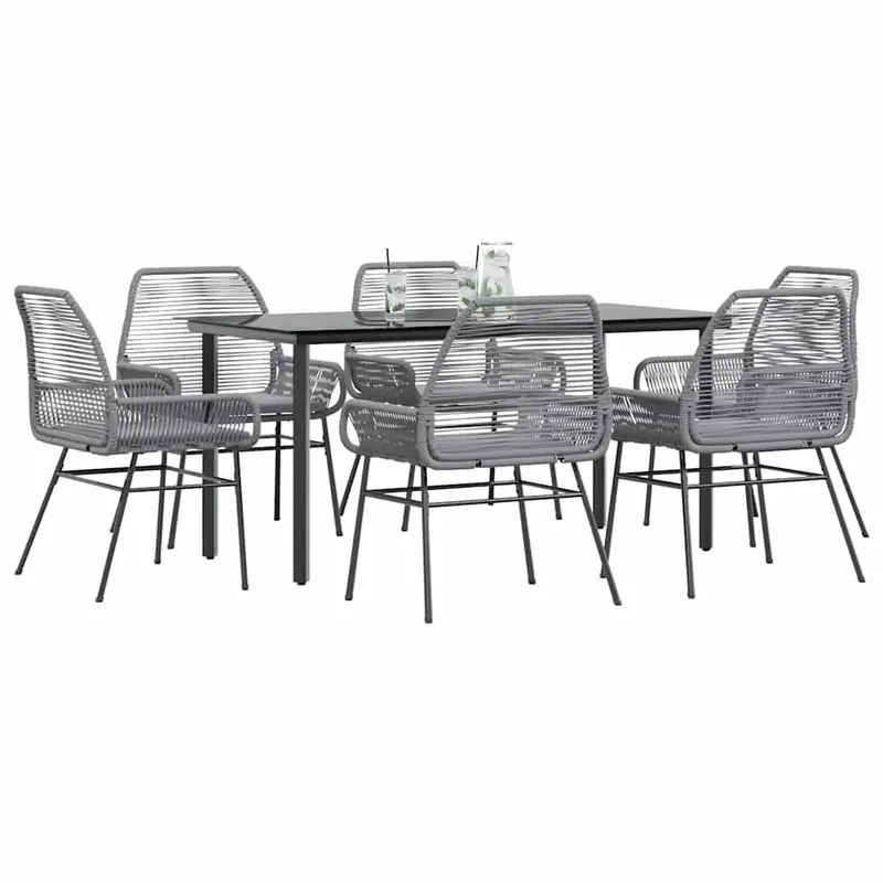 set de sufragerie de gradina de 7 piese sticla poliratan gri