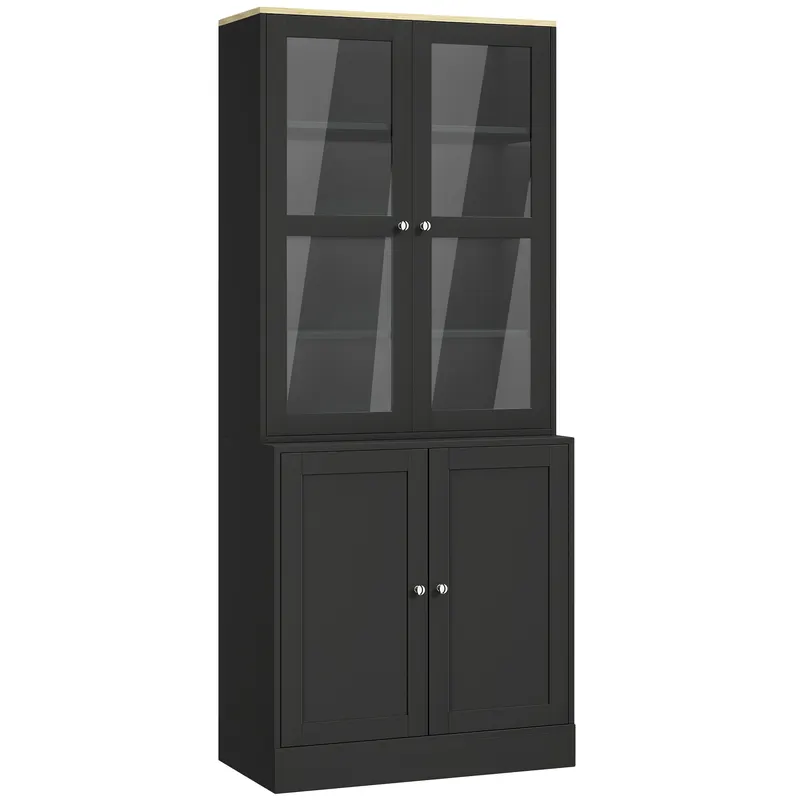 HOMCOM Bibliotecă vitrină, mobilier de depozitare cu 6 niveluri cu 4 uși dintre care 2 din sticlă securizată, rafturi reglabile, negru