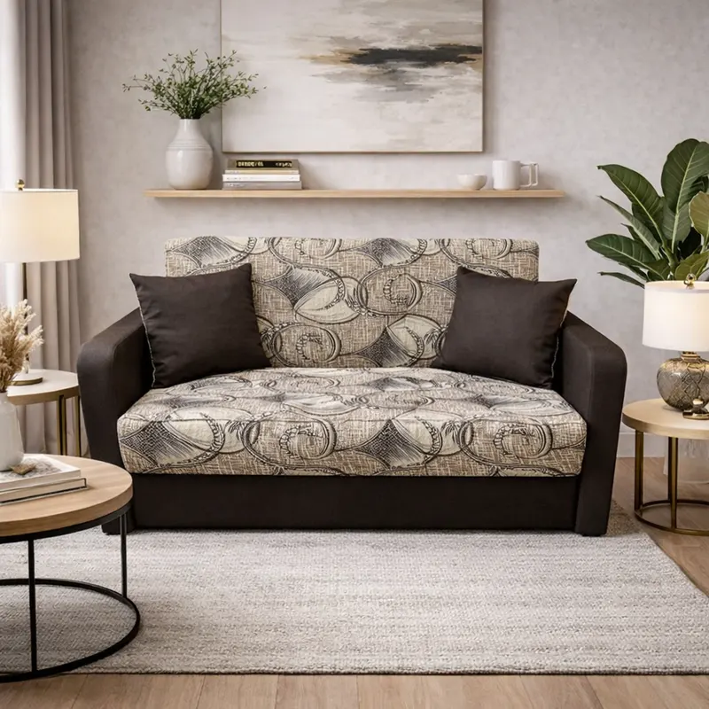 Canapea SAMY extensibila, 2 locuri, cu lada de depozitare, stofa crem cu maro, cadru metalic, 152x100x92 Maro + Crem, Stofa