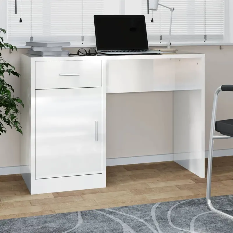 birou cu sertar si dulap, alb extralucios, 100x40x73 cm, lemn