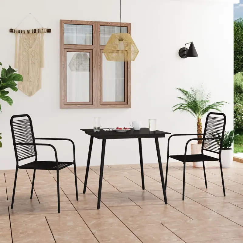 set mobilier gradina, 3 piese, negru, sfoara de bumbac si otel