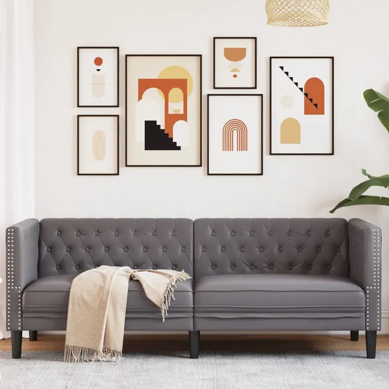 canapea chesterfield cu 3 locuri, gri, piele ecologica
