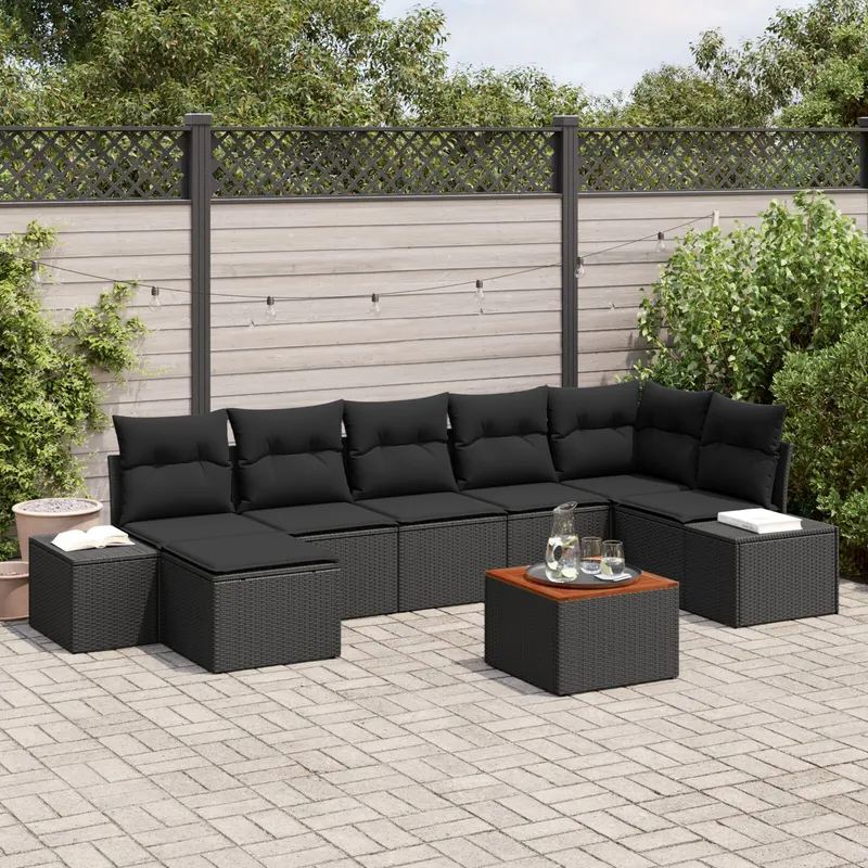 set de canapea pentru gradina de 8 piese cu perne, ratan negru, lemn de acacia