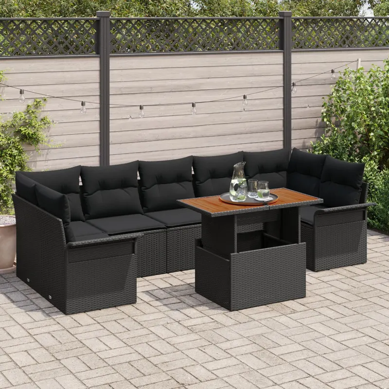 set canapea gradina 8 piese cu perne negru ratan poli acacia