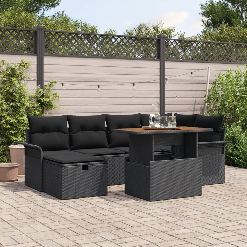 Set canapea gradina 7 piese cu perne negru poliratan, canapea gradina 2 locuri cu spatiu stocare & perne negru poliratan