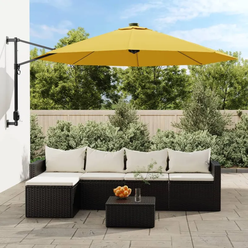 umbrela de soare montata pe perete, cu led-uri, galben, 290 cm